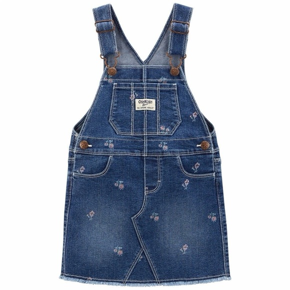 NWT OshKosh Bigosh Floral Denim Skirtall -Toddler Girl Floral Overalls Dress 4T - Picture 1 of 5